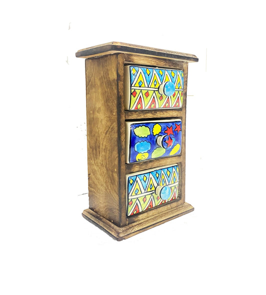 Handmade Wooden Shelf with Ceramic 3-Drawer - Antique Brown