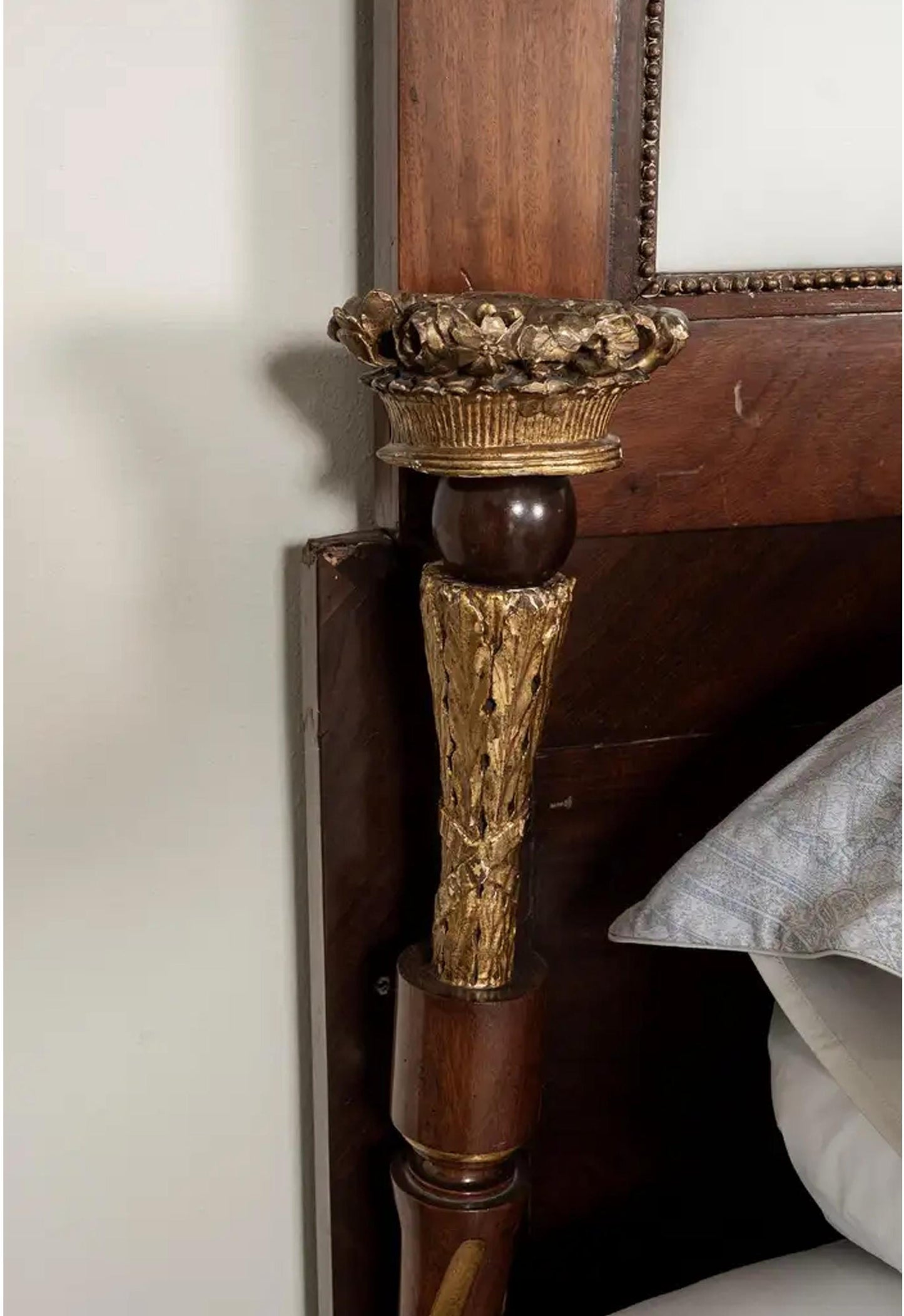 Giltwood Tufted Queen Bed Frame: 19th Century Italian Empire Style