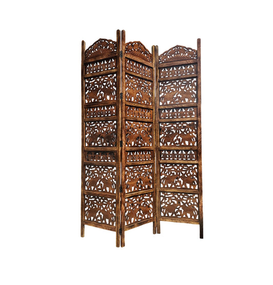 Elephants design Wooden Folding Divider, 7 Feet tall Folding Partition, Handmade Self standing separator
