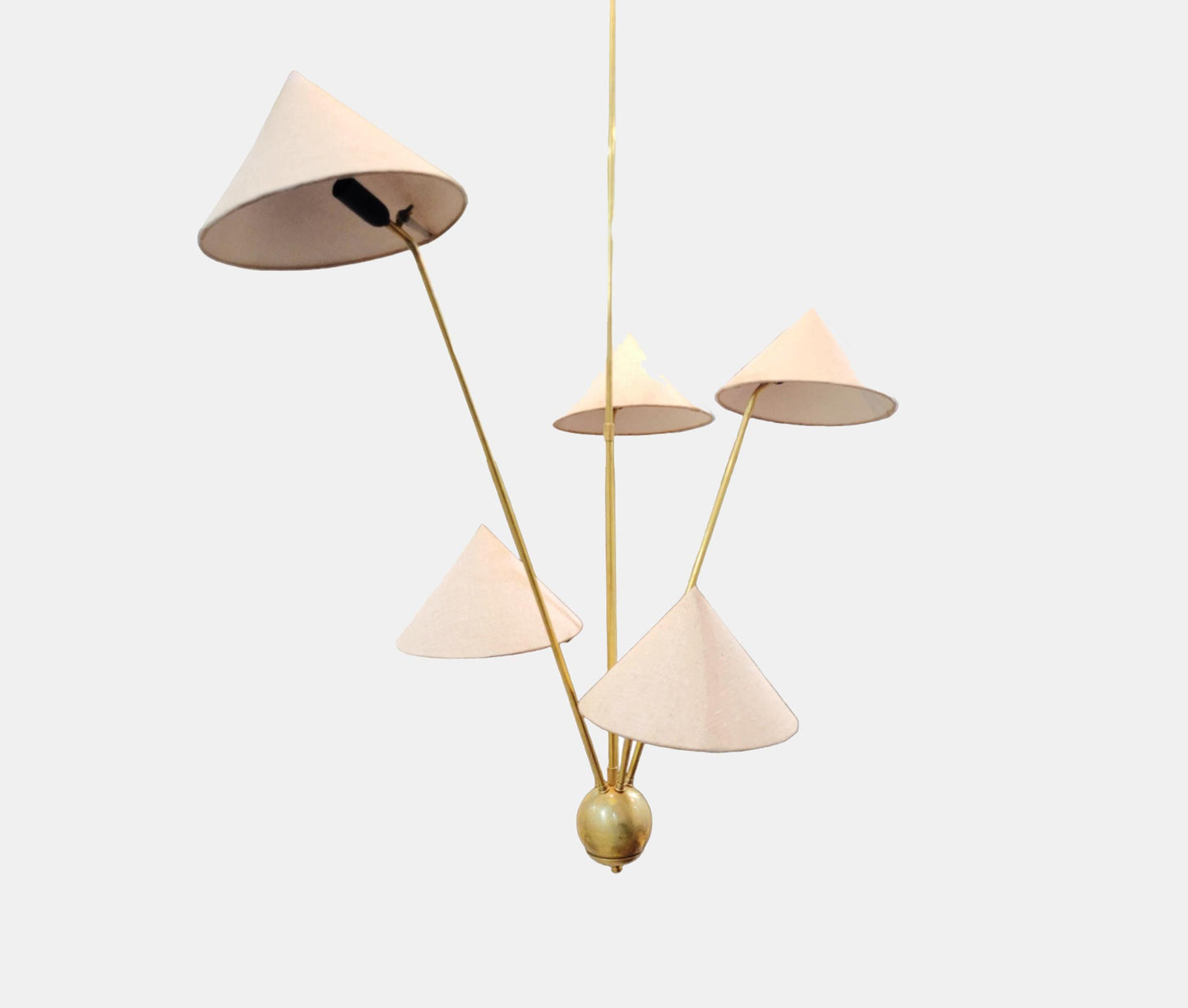 Raw Brass Mid-Century Chandelier: 5 Fabric Shade Ceiling Light