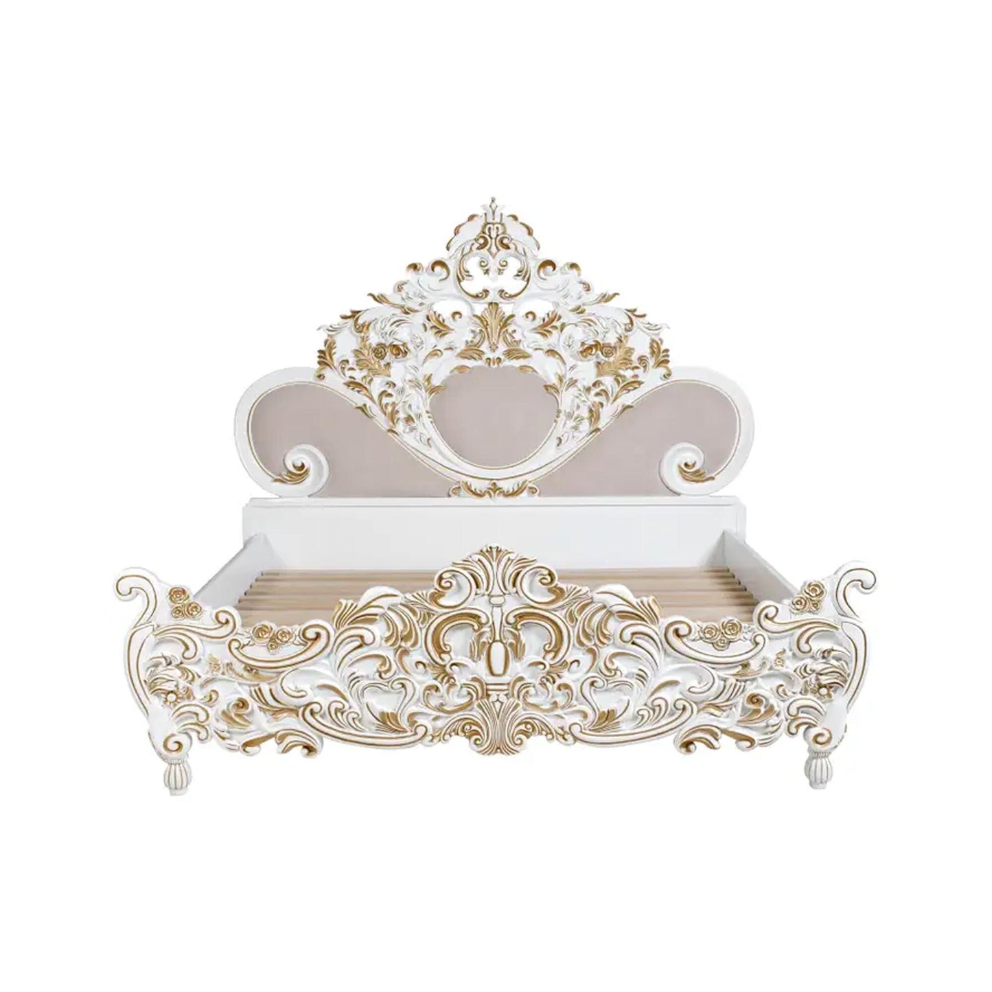 Handmade French Rococo King Bed Frame: Carved Solid Wood, Gold & White