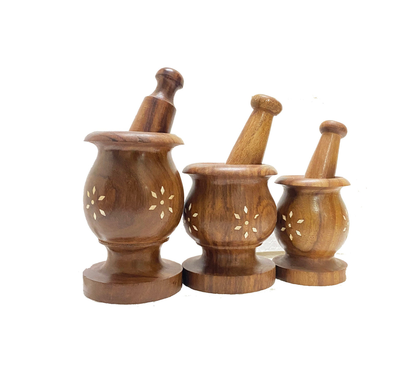 3 x Wooden mortar & pestle set, handmade Flower engraved design spice grinder