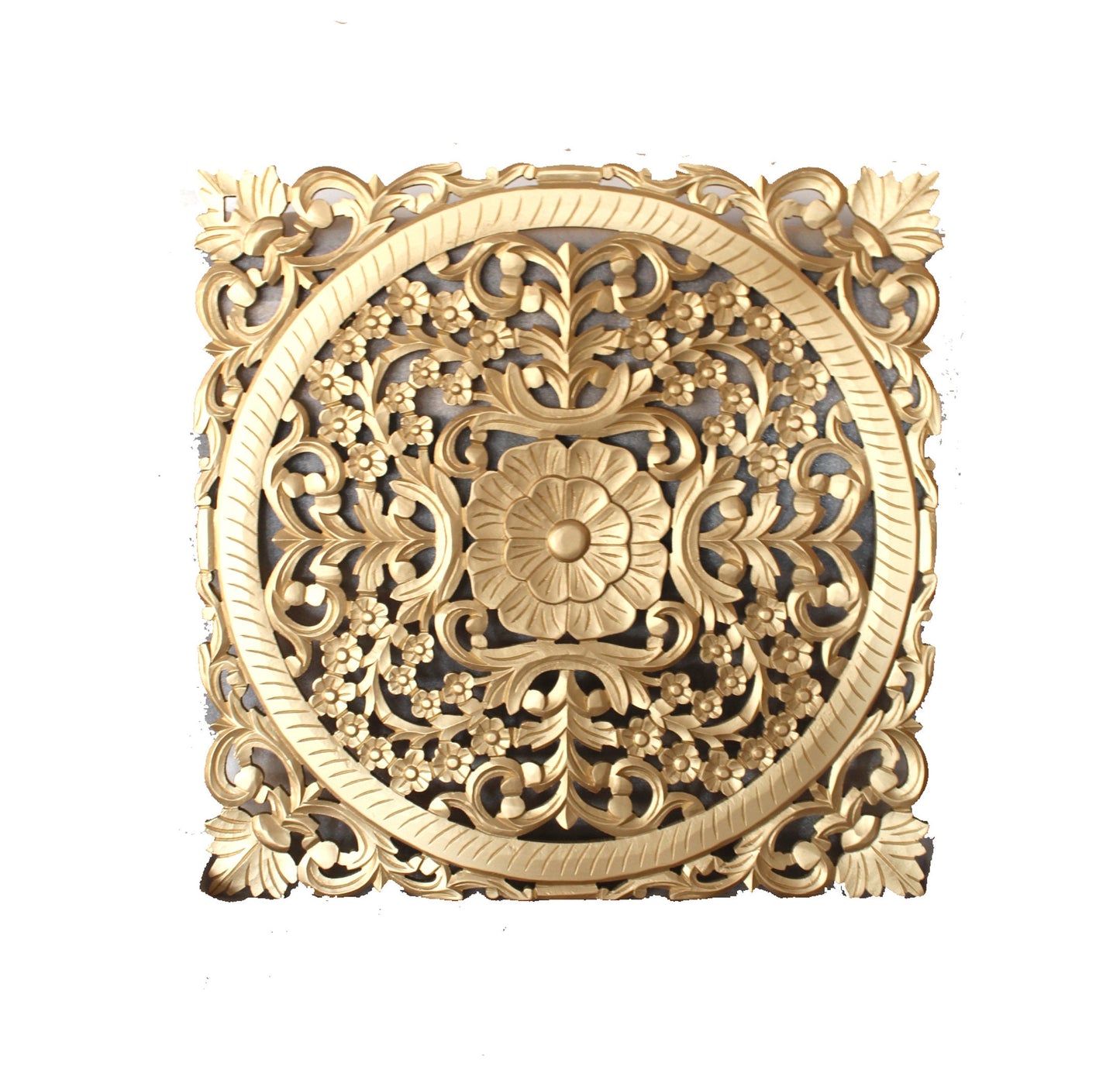 Mid century Gold Wooden Hanging Fixture, Handmade Large Carving Wall décor, mandola Arts