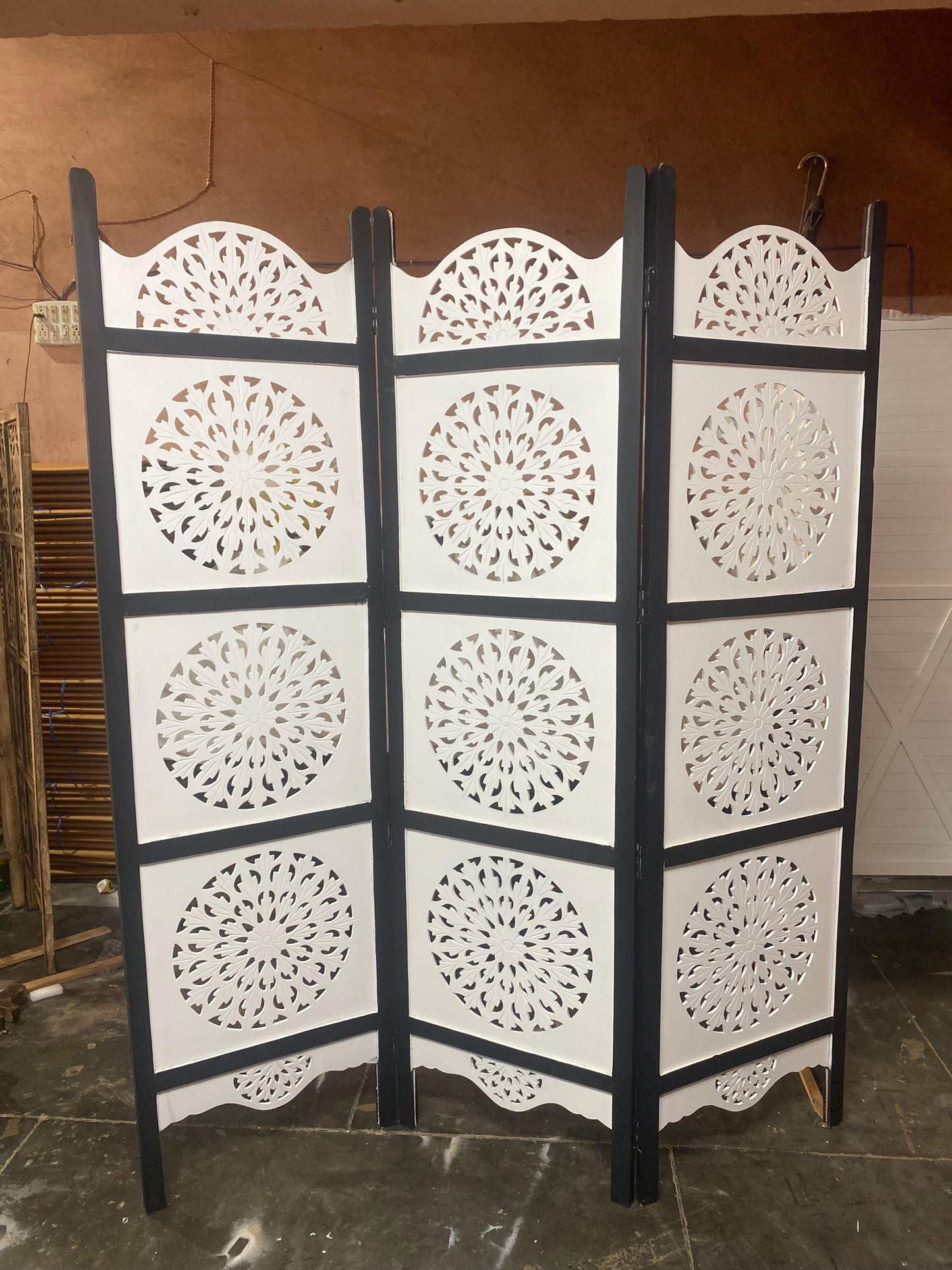 Mid century Matte white & black Wooden Folding Divider, Partition, Handmade Self standing screen