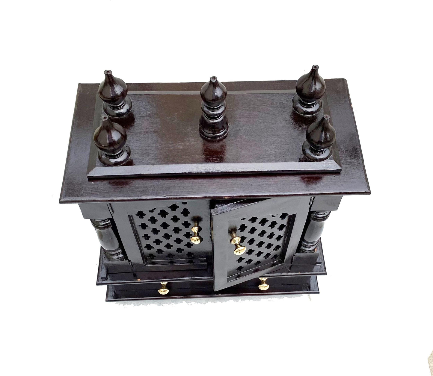 Handmade Walnut Wood Temple Mandir: 2-Shelf Wooden Shrine