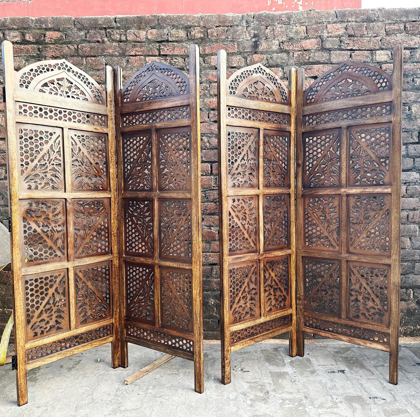 Mid century Mesh and block Style 5 feet height Wooden Folding Divider, Partition, Handmade Self standing separator