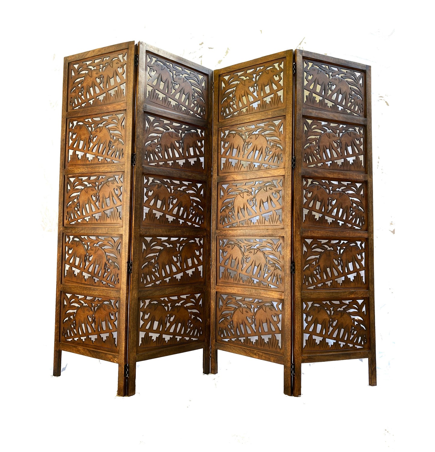 Mid century Elephant carving Design Wooden Folding Divider, Partition, Handmade Self standing separator