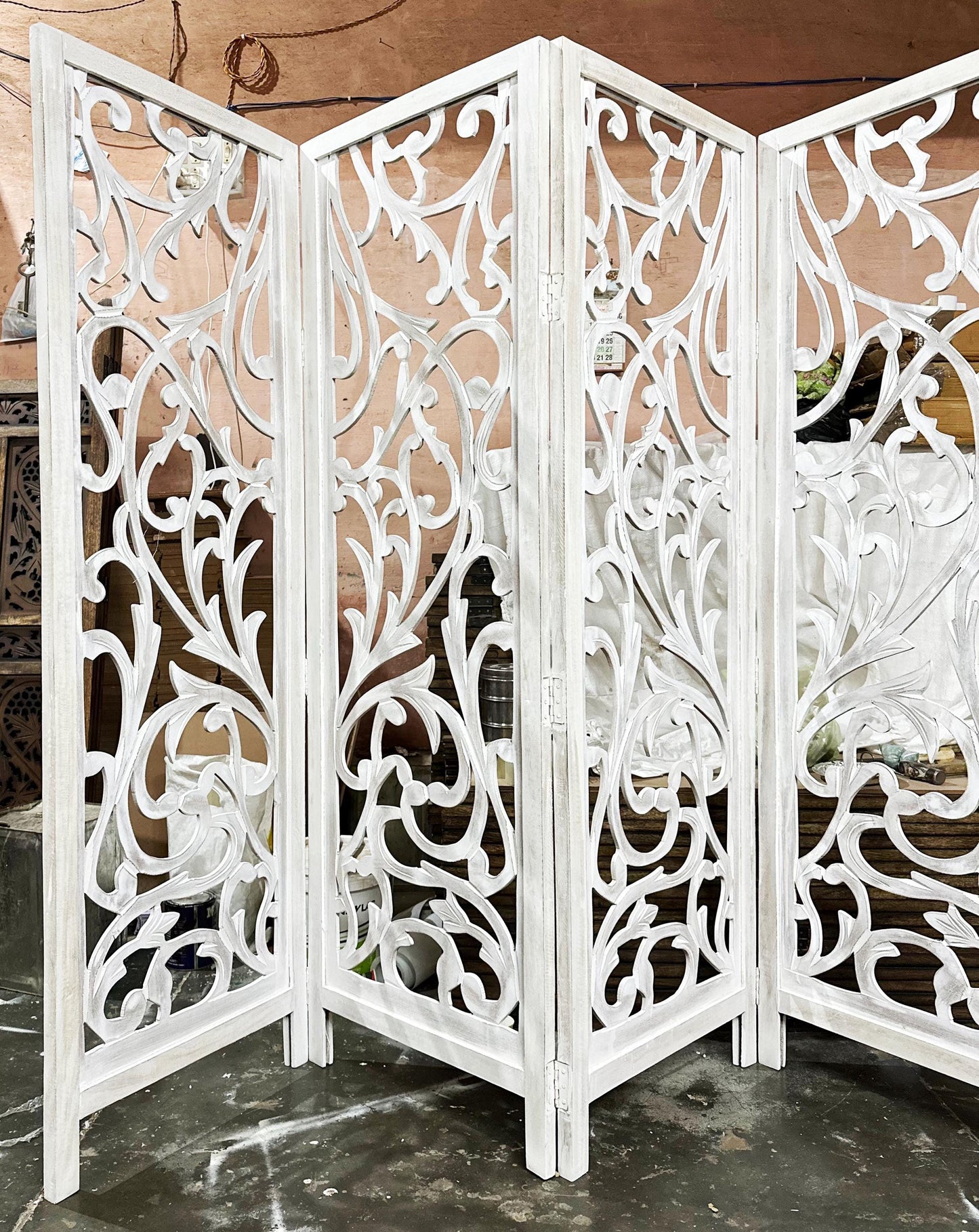 Mid century Floral design Rustic White Wooden Folding Divider, Partition, Handmade Self standing screen