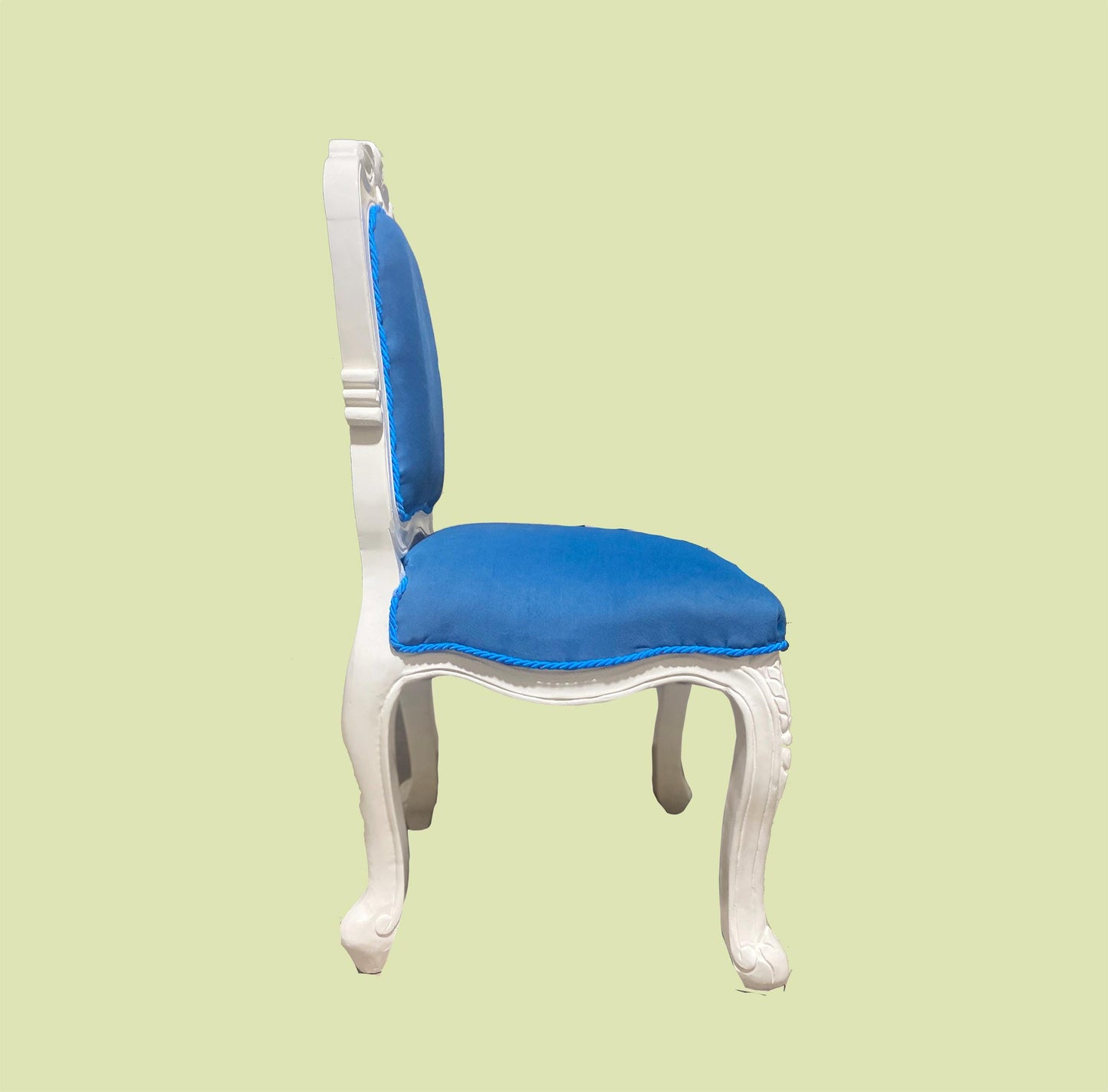 Hand Carved Rococo Dining Table & Blue Tufted Chairs - Off White