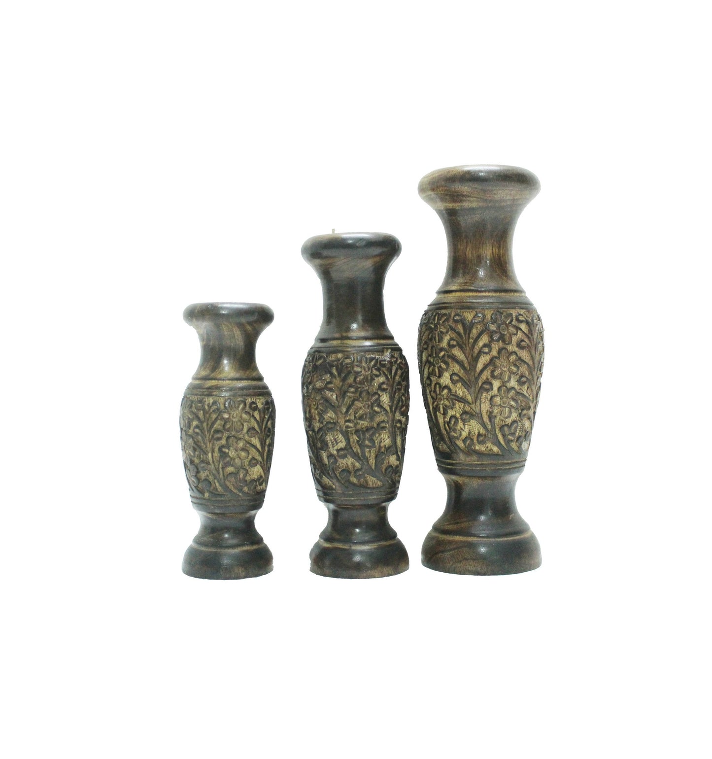 Wooden carved Flower Vase For home décor, Handmade Burned Polished set of 3