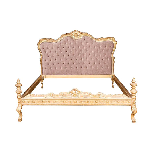 Handmade Louis XV Style Bed: Giltwood & Violet Tufted Headboard