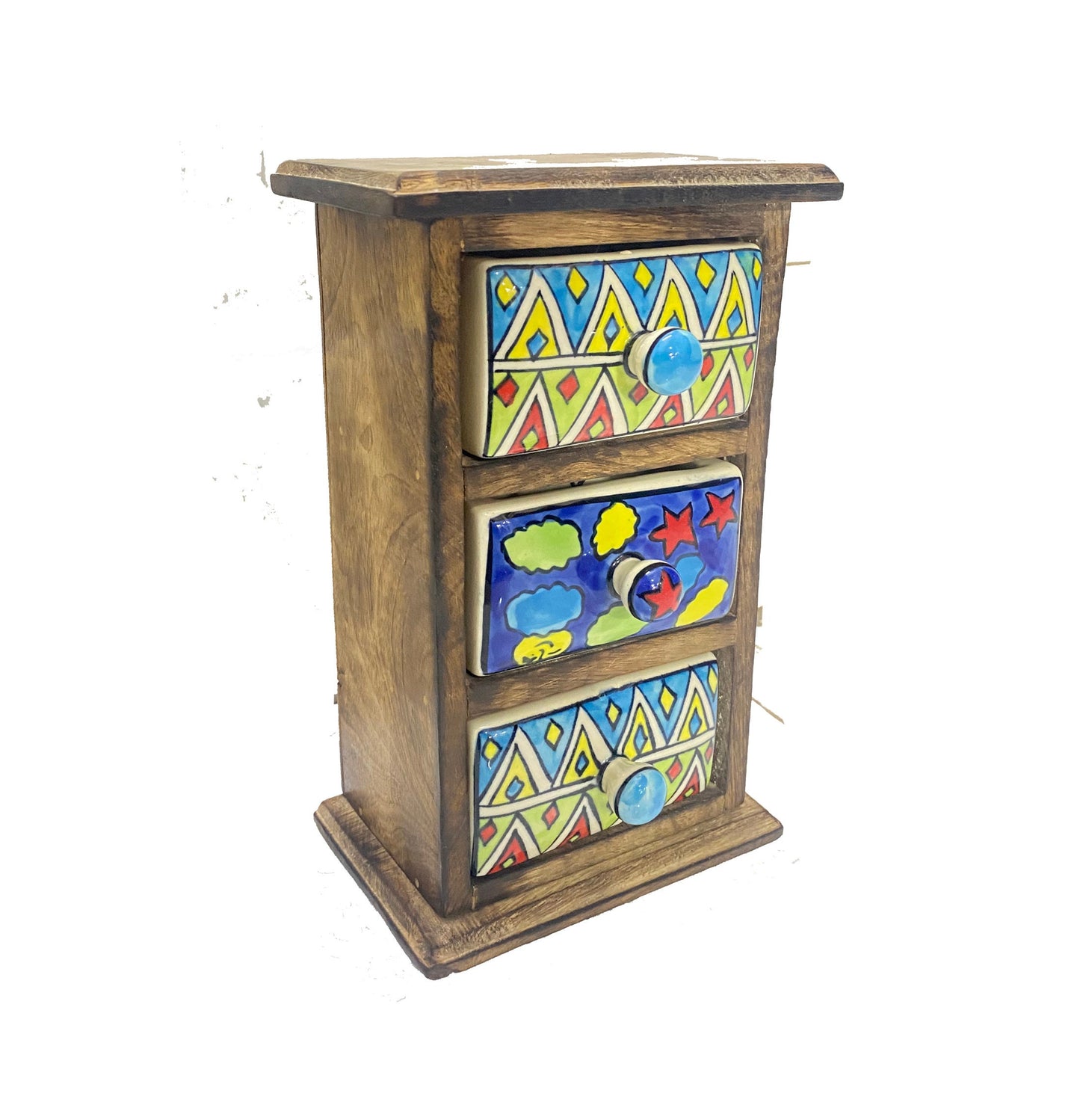 Handmade Wooden Shelf with Ceramic 3-Drawer - Antique Brown