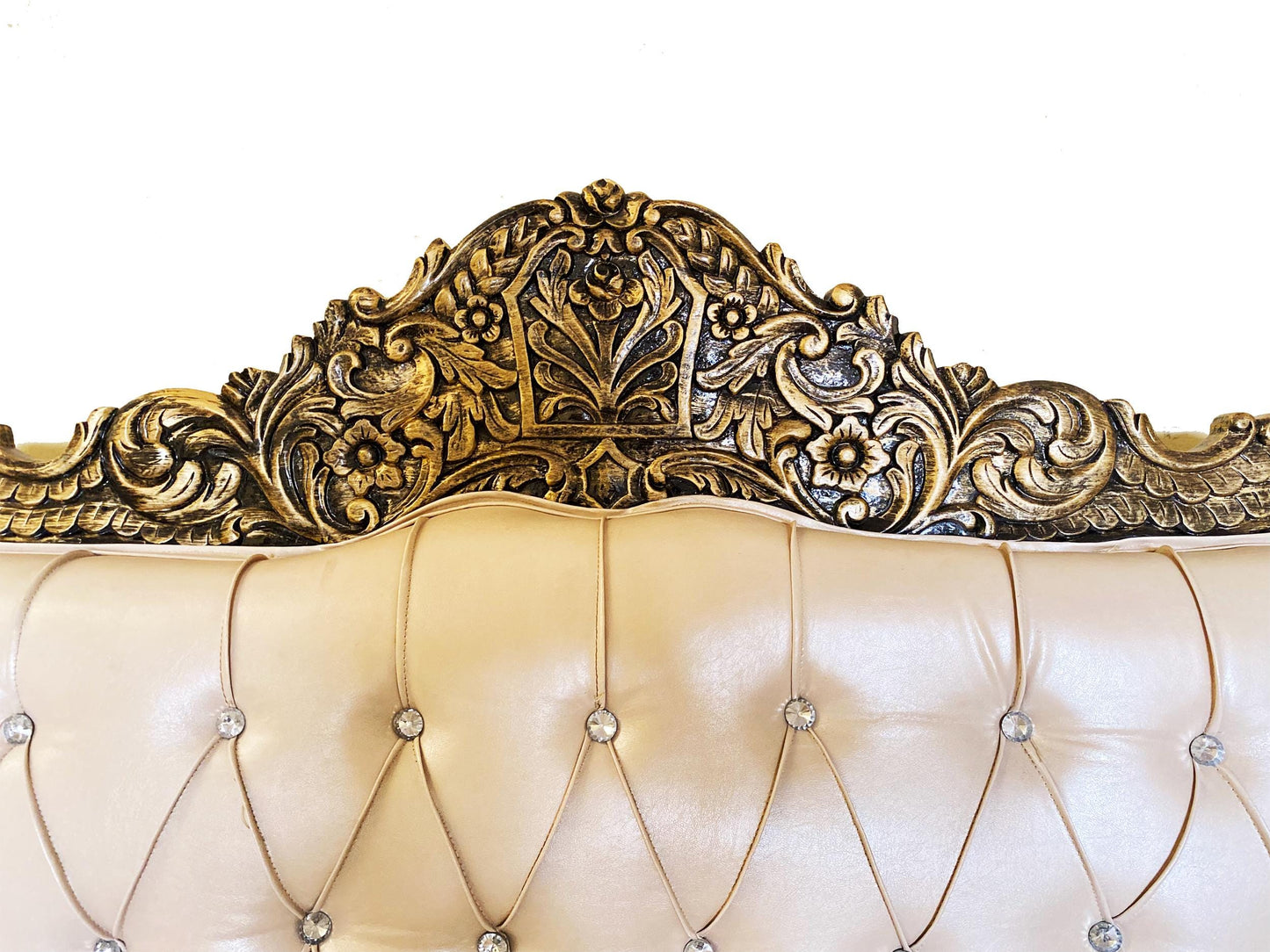 Hand Carved Louis XVI Sofa: Rustic Gold Teak, Cream Upholstery