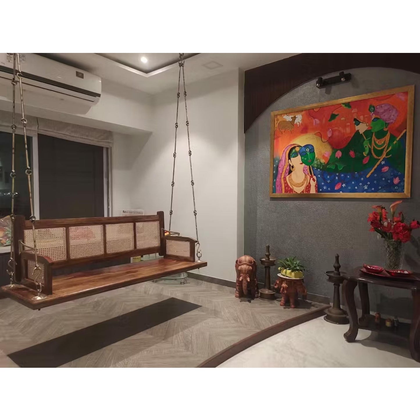 Handmade Teak Wood Swing with Brass Chain: Traditional Jhula