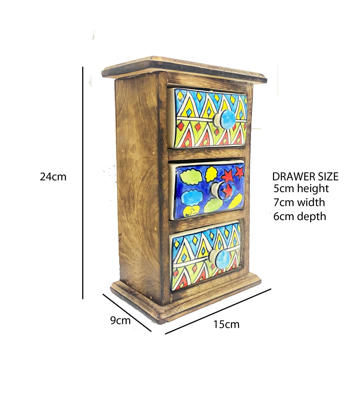 Handmade Wooden Shelf with Ceramic 3-Drawer - Antique Brown