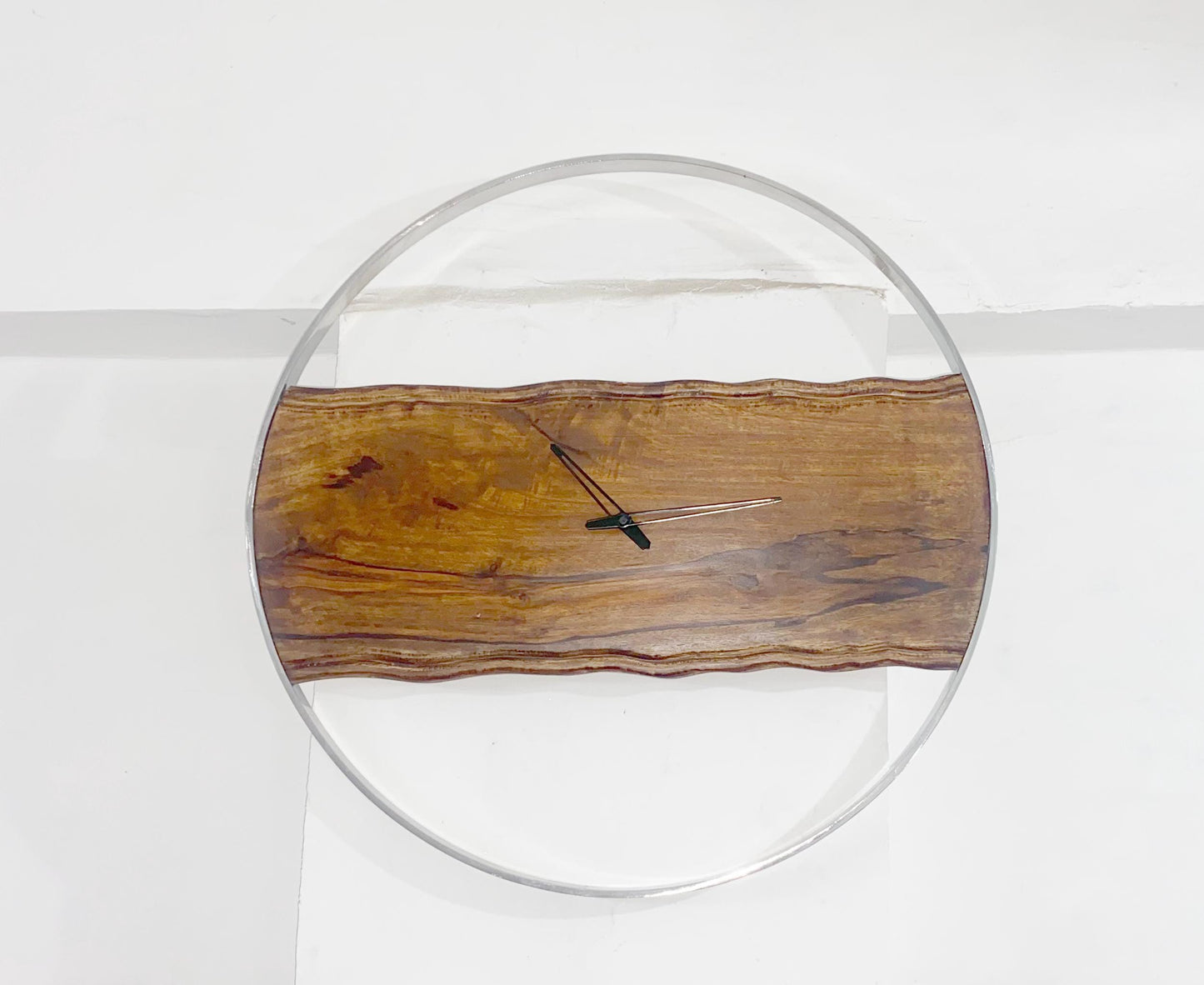 Handmade Mid-Century Modern Wooden Wall Clock with Chrome Ring