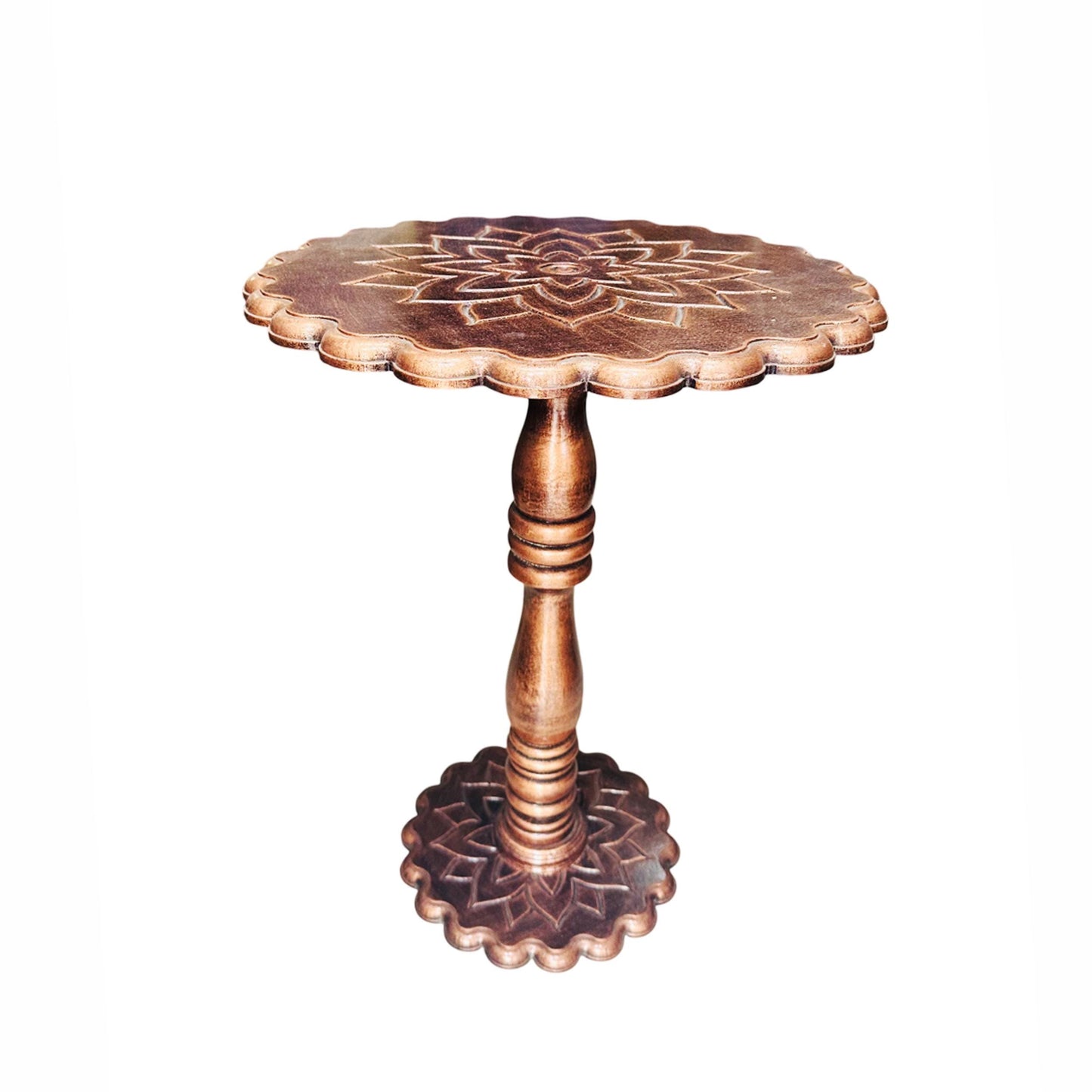 Hand Carved Mango Wood Coffee Table: lotus design, copper shade, folding design