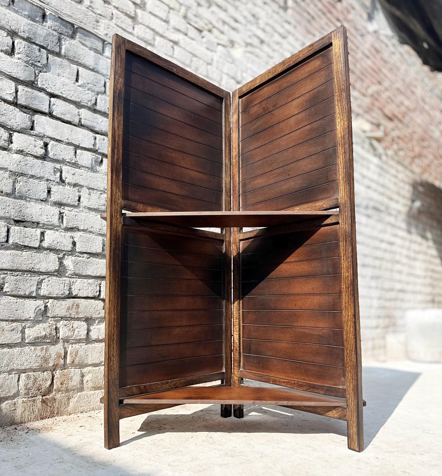 Mid Century Folding Partition with Shelf: Handmade Wooden Room Divider