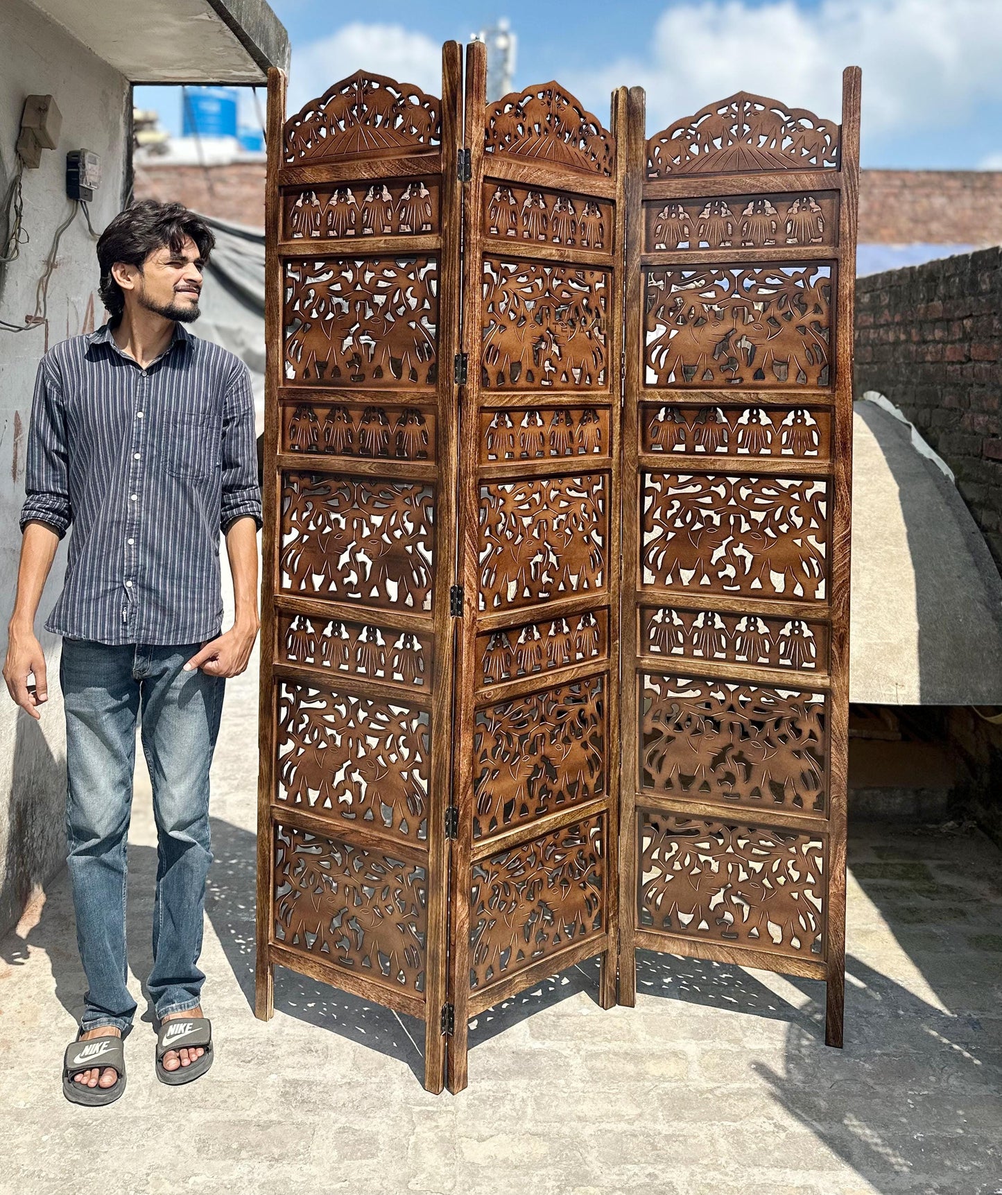 Elephants design Wooden Folding Divider, 7 Feet tall Folding Partition, Handmade Self standing separator