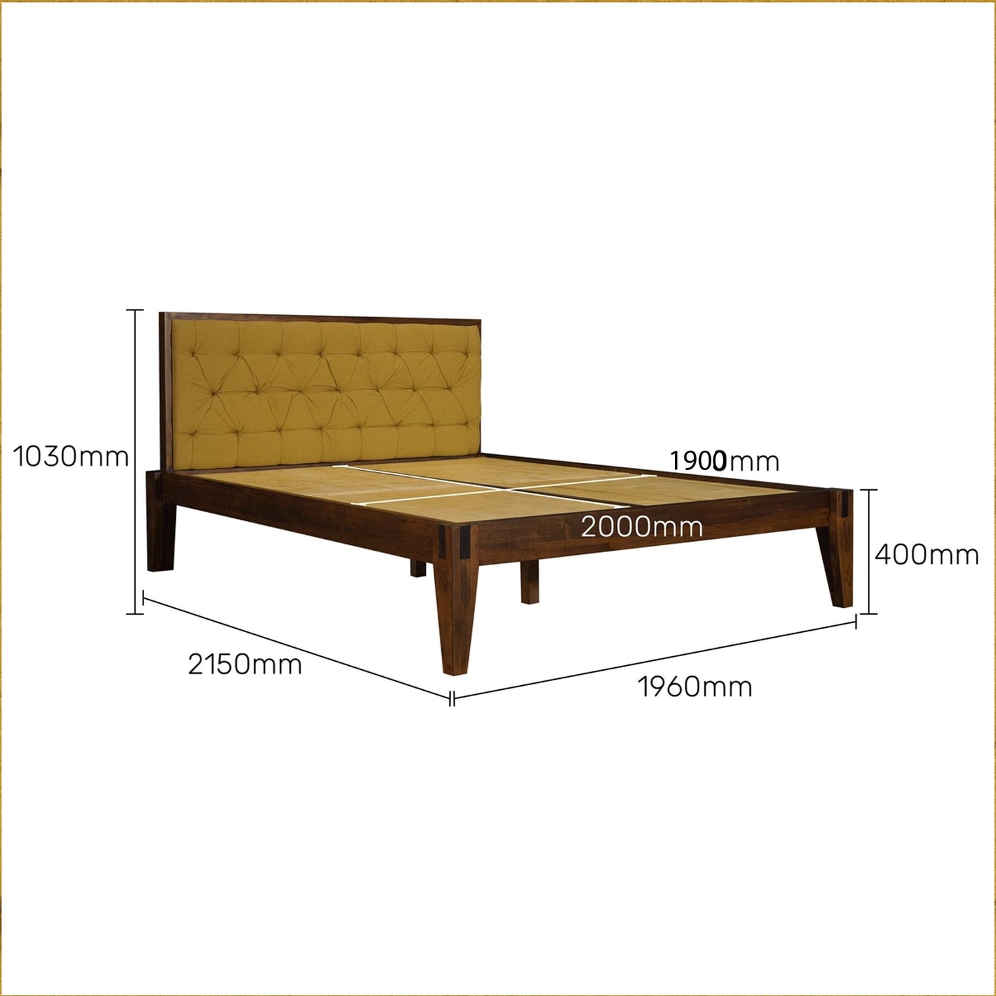 Tufted Upholstered Bed Frame: Solid Wood, Dark Oak Finish, Bohemian Style