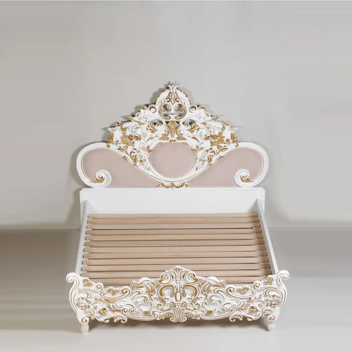 Handmade French Rococo King Bed Frame: Carved Solid Wood, Gold & White