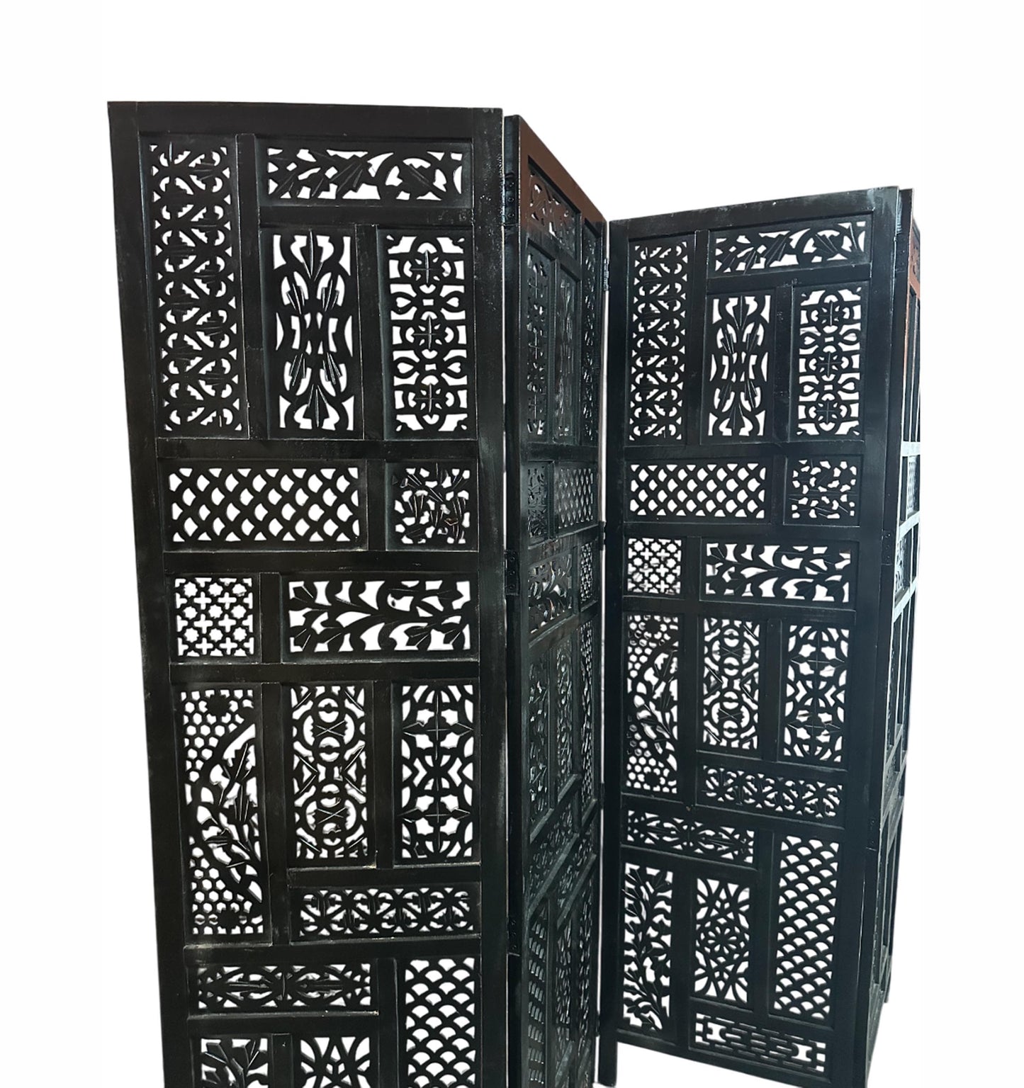 Mid Century Black Wood Folding Room Divider: Handmade Carved Partition Screen