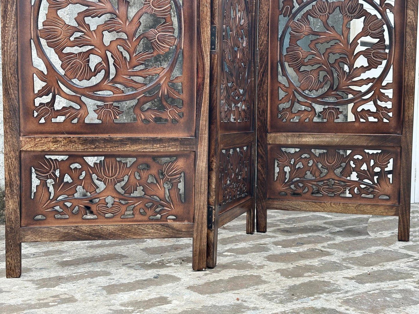 Handmade Lotus Wood Folding Room Divider: Brown Partition Screen