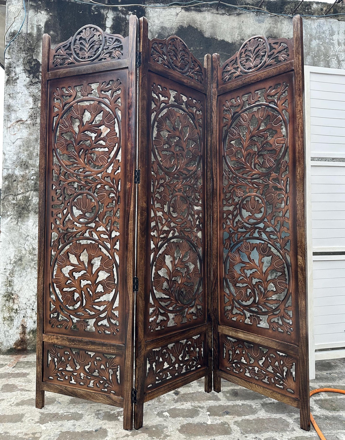Handmade Lotus Wood Folding Room Divider: Brown Partition Screen